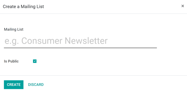在Odoo电子邮件营销应用程序中查看邮件列表弹出窗口。