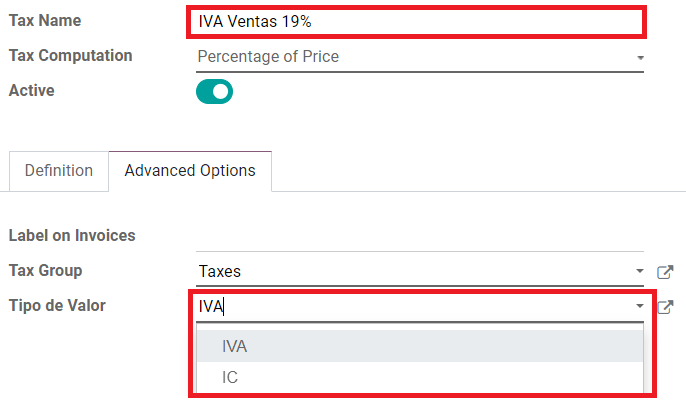 在Odoo中的高级选项标签中的ICA、IVA和Fuente字段。