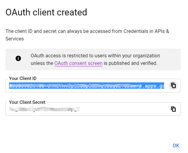 生成了Google OAuth客户端ID。