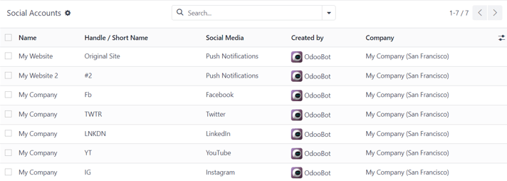在Odoo社交营销应用程序中查看社交账户页面。