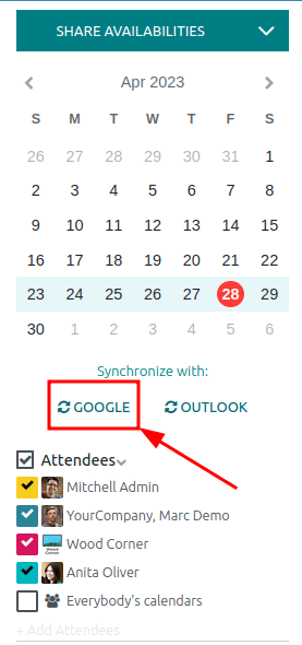 在Odoo日历中点击Google同步按钮，将Google日历与Odoo同步。