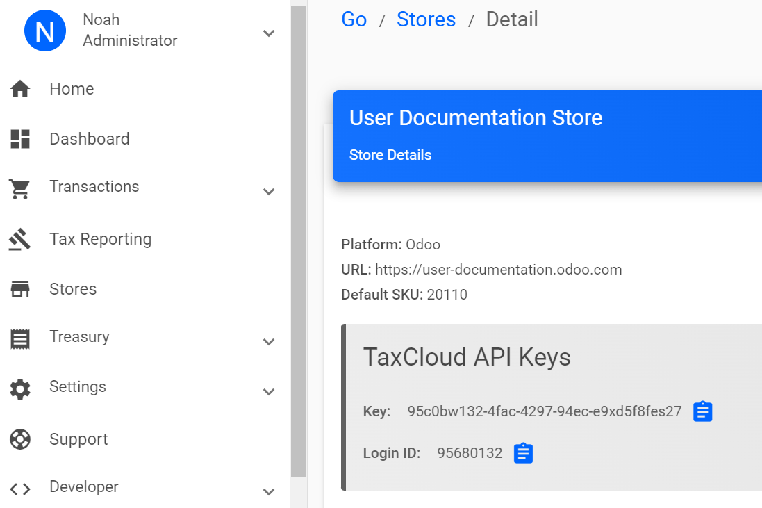 商店的TaxCloud API密钥示例