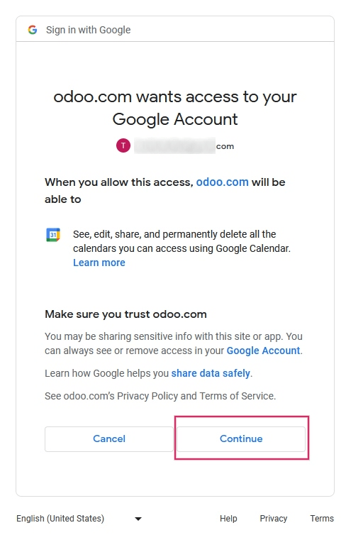 允许Odoo访问Google日历。