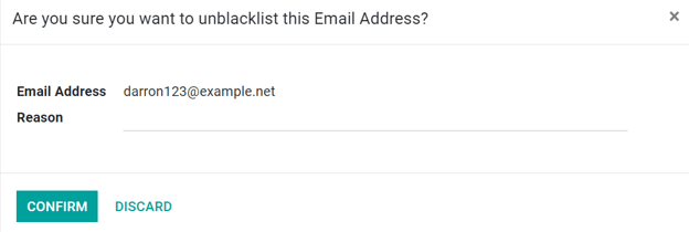 在Odoo电子邮件营销应用程序中查看取消黑名单弹出窗口。