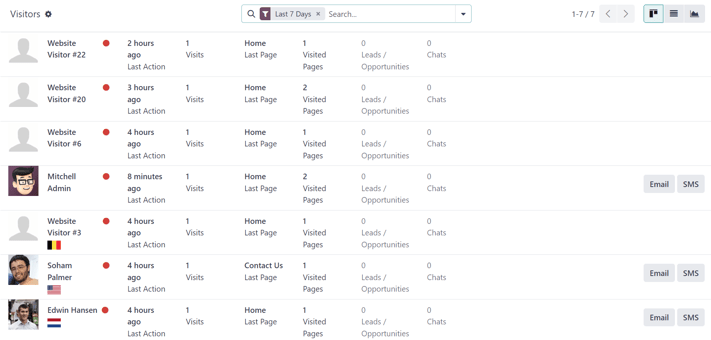 Odoo社交营销应用中访客页面的视图。