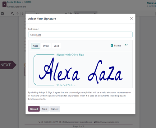 The adopt your signature pop-up window that appears in the Odoo Rental application.