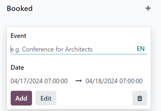 Typical blank kanban card to fill out in the Odoo Events application.