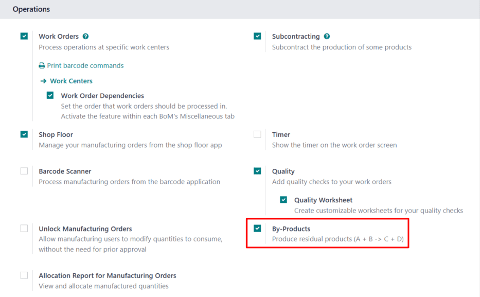 The By-Products setting on the Manufacturing app settings page.