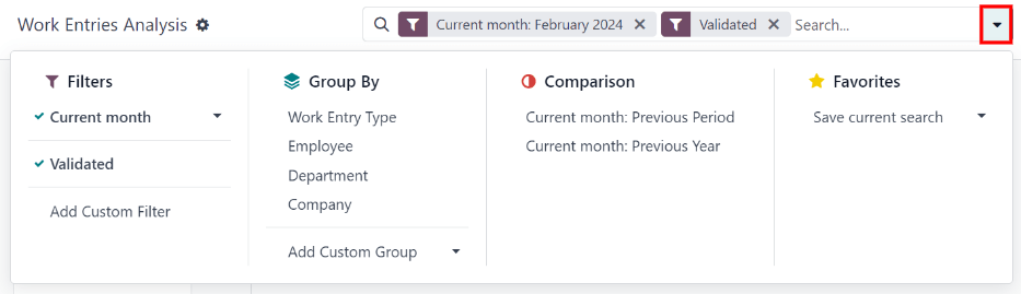 Filters enabled for the Work Entries Analysis report.