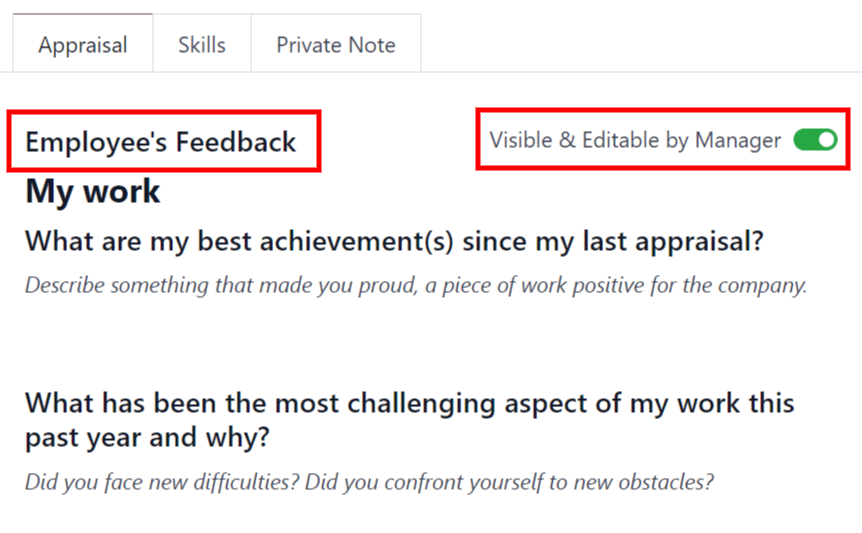 The feedback section for the employee with the toggle button highlighted.