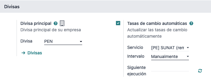 SUNAT displayed in Multicurrency Service option.