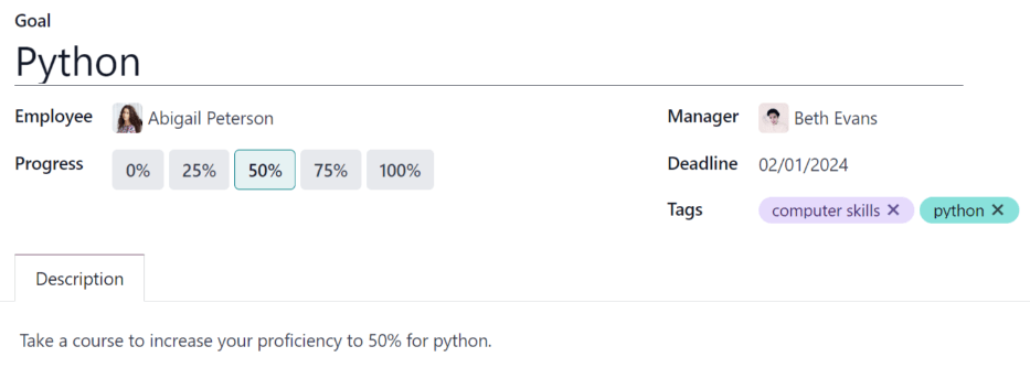 A goal form filled out for a Python skill, set to 50% proficiency.