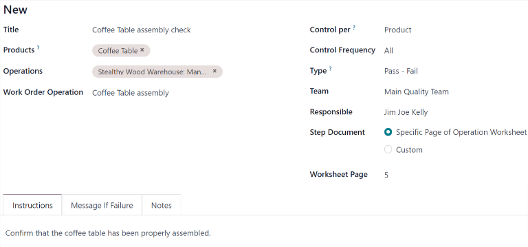 A QCP configured to create Pass - Fail checks for a work order operation.