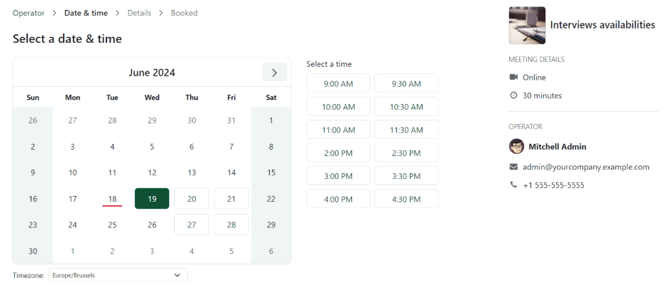 The calendar screen with dates and times to schedule an interview.