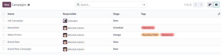 View of the campaign page in list view in Odoo Email Marketing.
