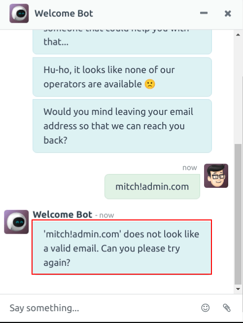 查看聊天机器人对无效电子邮件的响应。