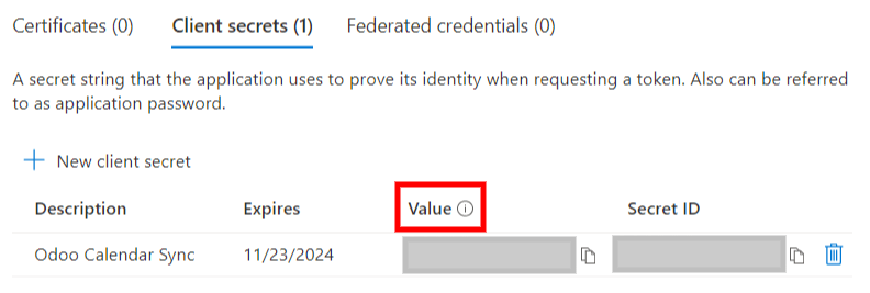 需要从Microsoft复制到Odoo的"客户端密钥"令牌。