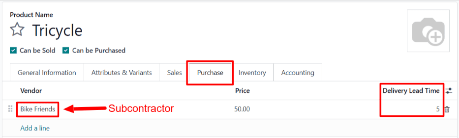 The Delivery Lead Time field for a subcontractor, on the Purchase tab of a product page.