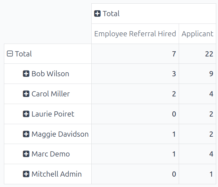 The customized report showing which employees have the most referrals and hires.