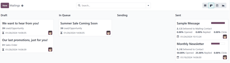 Kanban view of the main dashboard of the Odoo Email Marketing application.