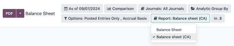 Balance sheet report selection for CA localization in Odoo.