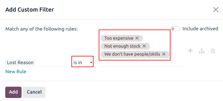 Add Custom Filter pop-up with multiple lost reasons selected.