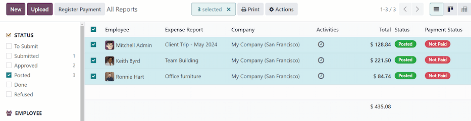 Expense reports filtered by the status Posted, making the Register Payment button visible.