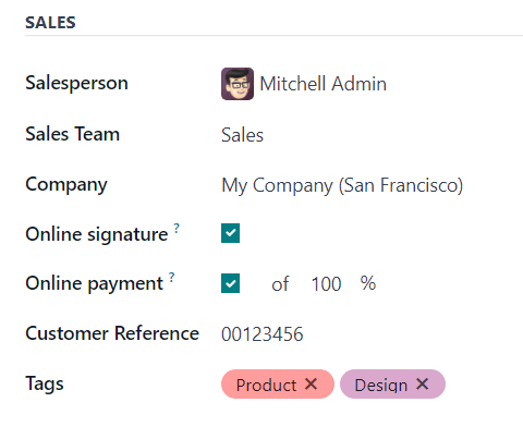 Odoo Sales 中报价单表单的“其他信息”选项卡的“销售”部分。