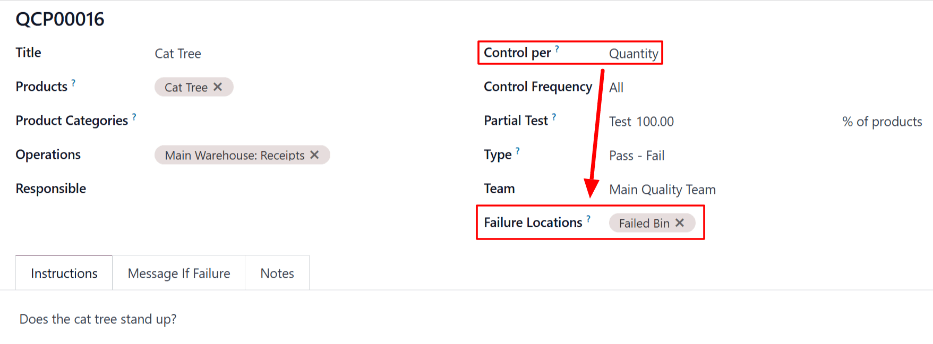 A QCP configured to create Pass - Fail checks for a work order operation.