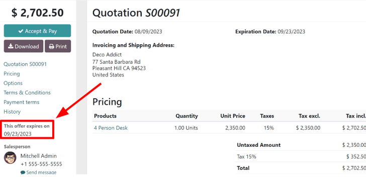 客户在Odoo销售中如何看到截止日期。
