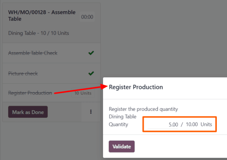 The Register Production pop-up window in the Shop Floor module.