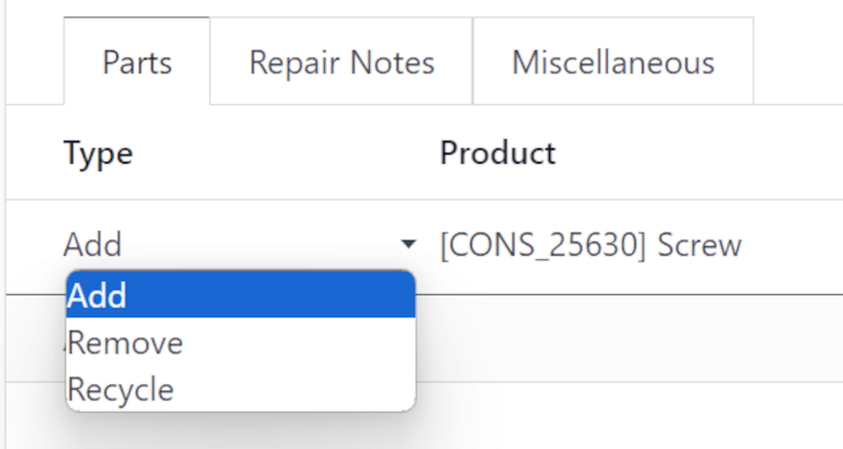 Type column options or new part under Parts tab.