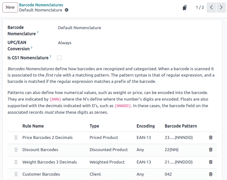 Default Nomenclature page setting fields.