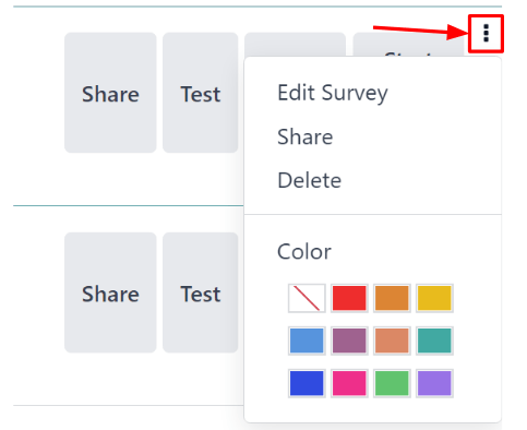 The three-dot drop-down menu of options that appears on the Odoo Surveys dashboard.