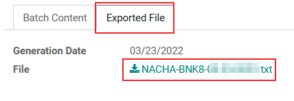 The exported file tab highlighted in the batch payment with the download circled.