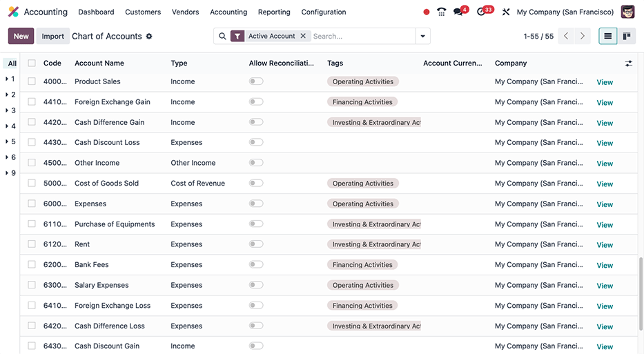 Examples of tagged accounts that are included in the Cash Flow Statement in Odoo.