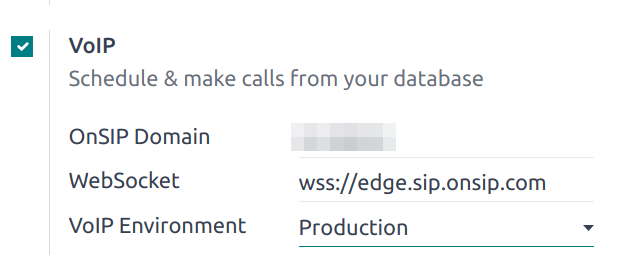 VoIP configuration settings in Odoo Settings app.