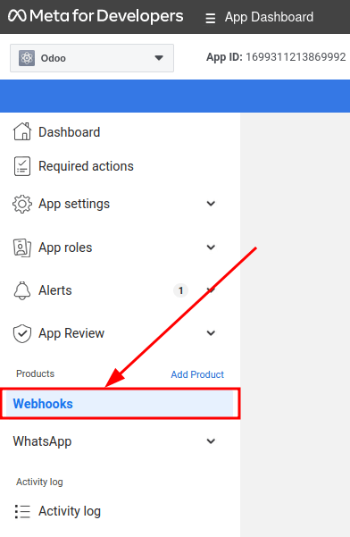 Manually navigating to the Whatsapp webhooks configuration.